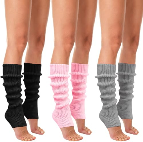 FUIPVGI 3 Paar Bein Stulpen Damen, Winter Lange Gestrickt Beinwärmer Legwarmers, Beinwärmer Knöchelwärmer für Ballett Yoga Frauen und Mädchen (Schwarz, Grau, Rosa)