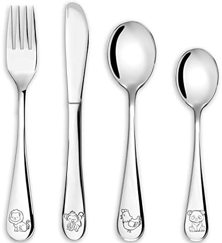 Doubles Kinderbesteck Set 4-teilig, Edelstahl Tiere Kinderbesteck ab 3 Jahre Spülmaschinengeeignet Individualisiert Taufgeschenke Besteck Kinder für Mädchen und Jungen - Camping Schultüte Geschenk
