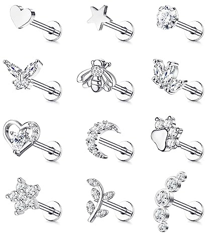 JewBella 12 Stück 16G Knorpel Helix Ohrringe für Damen Herren Chirurgenstahl Innengewinde CZ Mond Herz Stern Blatt Labret Monroe Medusa Nasenstecker Conch Tragus Helix Piercing Silber/Gold