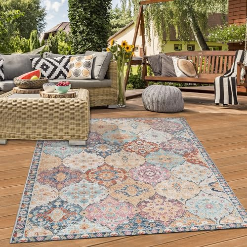Teppich-Traum In- & Outdoor Orientteppich Ornamente Bunt 140x200 cm | Pflegeleicht, schmutzabweisend, farbecht und strapazierfähig, seitlich gekettelt, für Balkon, Terrasse, Garten und Pavillon