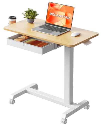 Rolanstar Beistelltisch mit Rollen, Laptoptisch Höhenverstellbar mit Schublade, Betttisch auf Rollen mit Getränkehalter für Sofa, Bett & Lesestunden (Eiche)