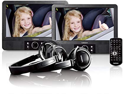 Lenco 9-Zoll Tragbarer DVD-Player MES-415 mit Doppel-Bildschirm - USB und SD Anschluss - 12 Volt Kfz Adapter - Fernbedienung - 2 x Kopfstützenbefestigung - 2 x Kopfhörer - Schwarz