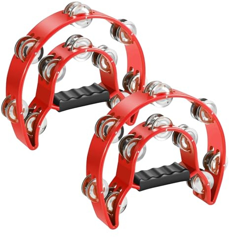Flexzion Tamburin, Handtrommel - 2er-Pack, 25cm Schellenkranz mit Handgriff, Musik Schlaginstrument, zweireihig Schellenring in Halbmond-Form Rahmen, mit 20 Paar Metall Schellen, Rot