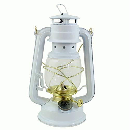 Petroleumlampe weiss, mit vermessingten Elementen, HEINZE Sturmlaterne, Höhe 24 cm, Einfülldeckel mit Kindersicherung, Leuchtdauer ca. 20 Std.