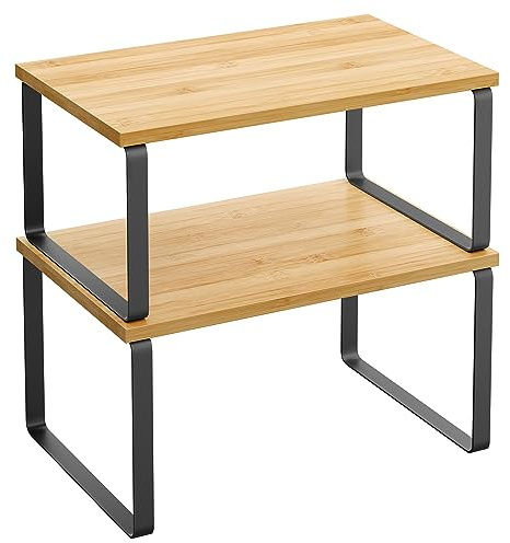 SONGMICS Gewürzregal, 2er Set Küchen-Organizer, Küchenregal, Schrank-Organizer Küche, erweiterbar, kleines Regal, stapelbar, Metall und Holzwerkstoff, tintenschwarz-naturbeige KCS02NB