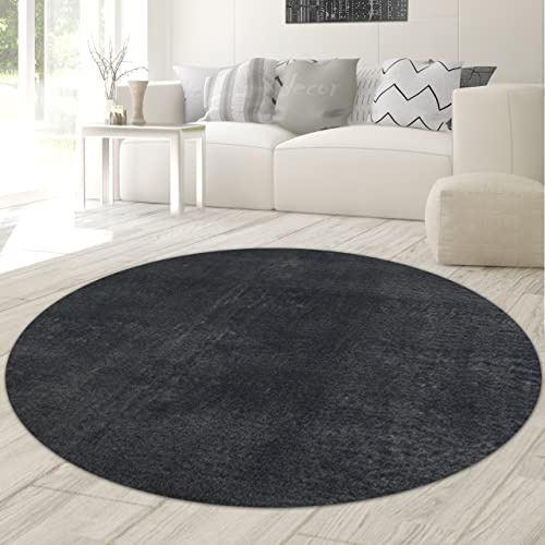 Teppich-Traum Moderner Teppich Rund Waschbar Einfarbig Anthrazit Ø 120 cm | Flauschig-weich, bis 30 °C waschbar, pflegeleicht, rutschfest, robust, langlebig, saugrobotergeeignet, Wohn- & Schlafzimmer
