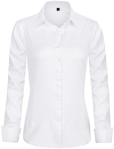 J.VER Bluse Damen Casual Business Blusen Button Down Shirts Klassische Langarm Kragen Tops Bügelleichtes Modern Oberteil,Weiß,S