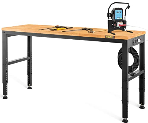 VEVOR Verstellbare Werkbank, 48 L x 20 B x 38,1 H Garagentisch mit 28,3-38,1 Höhe und 2000 lbs Tragkraft, mit Steckdosen und Hartholzplatte und Metallrahmen und Fußpolstern