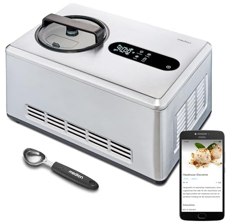 MEDION smarte Eismaschine mit Kompressor (selbstkühlend, 2 Liter, App Steuerung inkl. Eis-Rezepte, Joghurt, Eiscreme, Sorbet, LED Display, Edelstahl, MD12170)