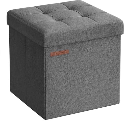 SONGMICS Aufbewahrungshocker, klein, faltbar, 30 x 30 cm, würfelförmiger Fußhocker mit Aufbewahrung, belastbar bis 130 kg, für Wohnzimmer, Schlafzimmer, Schlafsaal, Dunkelgrau LSF028G01