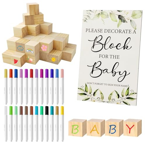 Radianeroryi 75 Stück Spiele Set, Lustige Shower & Reveal Spiele für Gäste, mit 50 Holzwürfeln zum Bemalen, 24 Acrylstiften, Holzschild & Holzbox –Geschenk für werdende Mama (1 Set)