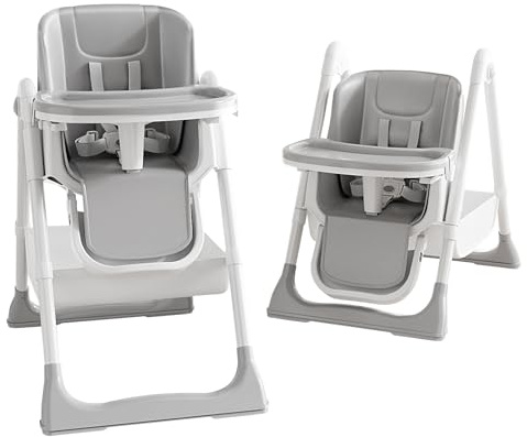 ONNWIN Hochstuhl Baby, Kinderhochstuhl mit Babyliege, Verstellbar Klappbar Hochstuhl Baby mit Essbrett,Korb, mitwachsend ab 6–36 Monate Jahre Babystuhl,Grau