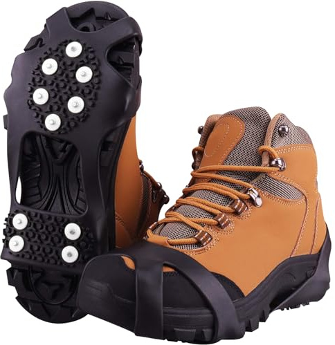 Fesoar Steigeisen für Stiefel, EIS Traktion Stollen rutschfest auf Schuhe/Stiefel 10 Stollen Schnee EIS Steigeisen Spikes (M)