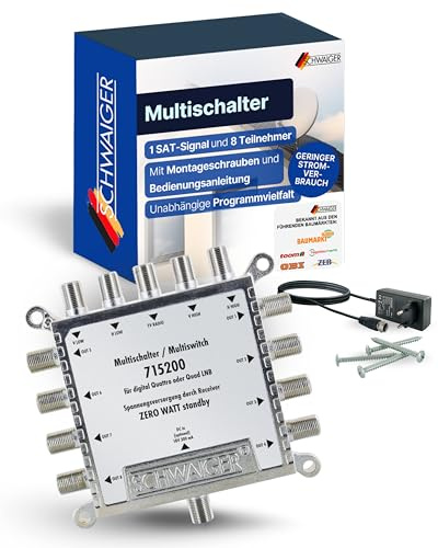 SCHWAIGER SAT Multischalter 1 auf 8, SAT-Verteiler für Teilnehmer | Satelliten-Multiswitch aus Aluminium, energieeffizient & zuverlässig, 8-Fach Verteiler für Satellitensignale