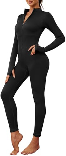 Nadeer Jumpsuit Damen Langarm Einteiler Yoga Bodysuit Overall Sport Bodycon Strampler Stretch Playsuits Reißverschluss V-Ausschnitt Gym Set(Schwarz,S)