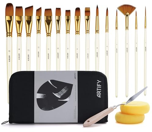 Artify 15-teiliges Pinsel-Set für Acryl-, Öl-, Aquarell-, Gouache-Malerei, inklusive Pop-Up-Tragetasche mit Palettenmesser und 2 Schwämmen
