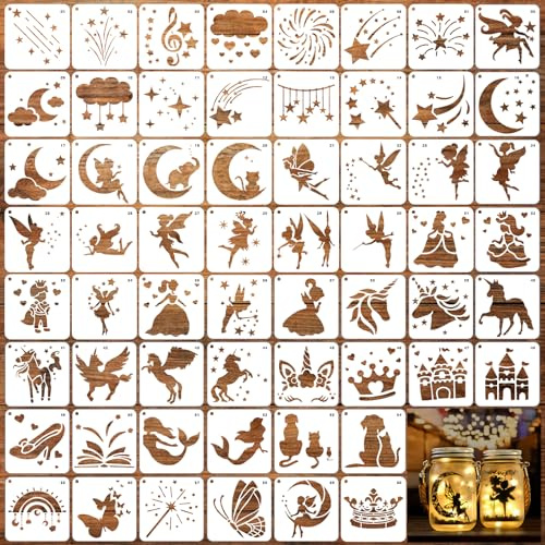 SRIZIAN 60 Stück kleines Schablonen Set mit Feen, 7,6x7,6cm wiederverwendbare Schablonen für DIY, Scrapbooking, Kindermalerei, Holz, Wand, Möbel, Leinwand, Deko, Weiß