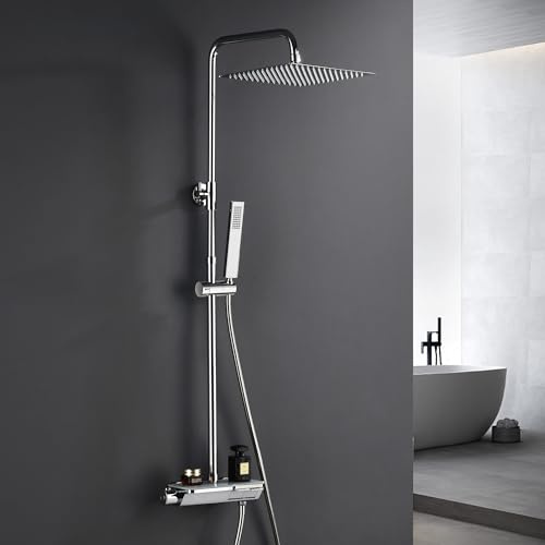 Görbach Regendusche Duschsystem Wassersparend, Edelstahl Duschset mit Armatur mit Verstellbarer Duschstange, Kopfbrause 20x20 cm und Thermostat Mischbatterie Chrom