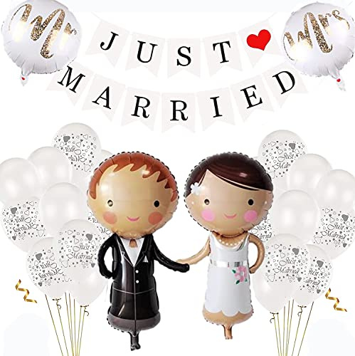 HCRXVV Just Married Deko Hochzeitsdeko 25 Stück,Brautpaar Figuren Folienballon Just Married Banner Mr und Mrs Hochzeitsfiguren Heliumballons Standesamt Verlobung Hochzeitsfeier Weiß Deko