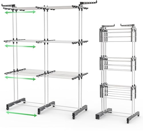 VOUNOT® Wäscheständer Turm Ausziehbar, Platzsparender Turmwäscheständer für Innen & Außen, mit Faltbaren Flügeln, Teleskopstange und 6 Rollen, 40m Trockenlänge, 3 Ebenen, Weiß