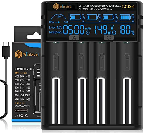 WISSBLUE LCD-4 18650 akku ladegerät Batterie ladegerät 2A Schnell Leistung Batterie ladegerät ,LCD-Anzeige mit Power Bank-Funktion für 3.7V 14500 16340 18650 20700 21700 26650 1.2V AAAA AA A