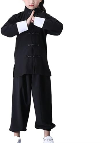 Libaobaoyo Kung-Fu-Anzug für Unisex-Kinder, langärmelig, schwarz, Kampfsport, Taichi, traditionelle Performance-Uniform, Weiße Bündchen, 9-10 Jahre