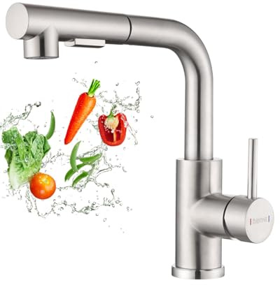 DAYONE Küchenarmatur mit Herausziehbarem Spray, SUS304 Edelstahl Hochdruck Wasserhahn Küche Ausziehbare Brause, Mischbatterie Küche mit 2 Funktionen, 360° schwenkbare Spültischarmatur Küche, Gebürstet