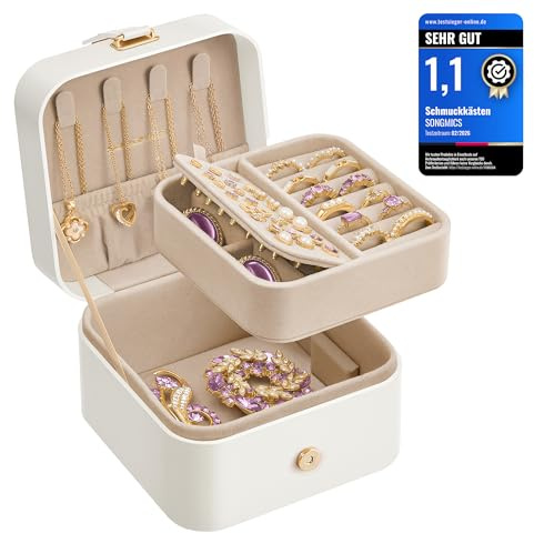 SONGMICS GISELLA Kollektion - Schmuckkästchen Reise mit 2 Ebenen, Schmuckkasten klein, Schmuckaufbewahrung, tragbar, für größere Accessoires, Geschenkidee, 11,2 x 11,8 x 7,2 cm, wolkenweiß JBC185W03