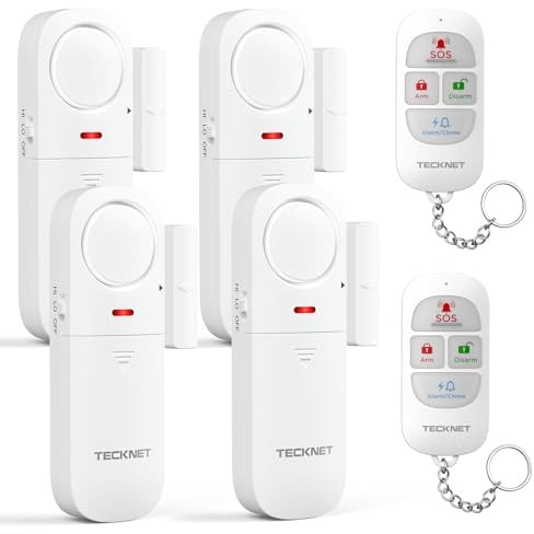 TECKNET Fensteralarm Einbruchschutz, Türalarm mit Fernbedienung, Kabellose Alarmanlage, 4 Funktionsmodi der Sirene für Haus, Geschäft, Pool und Wohnmobil (4er-Pack)