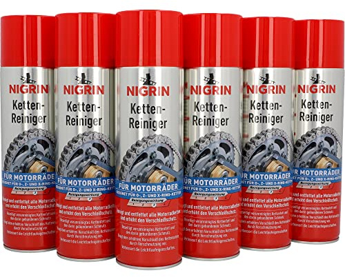 NIGRIN Kettenreiniger, 6 x 500 ml Sprühdose, Kettenspray für Motorrad, reinigt und entfettet Motorradketten, farblos