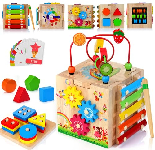 HELLOWOOD 8 in 1 Motorikwürfel ab 1 Jahr Aktivitätswürfel Stapel- und Sortierbrett Wort Karten(Auf Englisch) Motorikspielzeug Baby Montessori Spielzeug Geschenk für Kinder