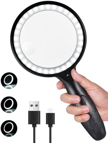 Lupe mit 33 LED Licht 30x 60x Leicht Leselupe für Senioren Groß | 3 Lichtmodi VergrößErungsglas USB Handlupe Hohe Klarheit Leselupen Mit Licht für Kind, Juwelier, Münzen, Inspektion(schwarz)