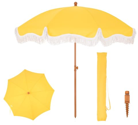PHI VILLA Sonnenschirm Balkon Sonnenschutz 200 cm Knickbar Rund mit Fransen, Boho Strandschirm Garten Windbeständig Sonnenschirme Balkonschirm mit Erdspieß für Terrasse, UPF 50+, Gold