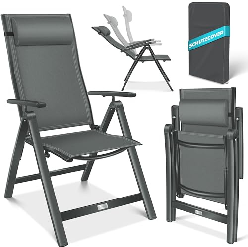 KESSER® Gartenstuhl Hochlehner mit Armlehnen Aluminium Klappstuhl mit Kopfkissen & Abdeckung Campingstuhl 7-Fach Verstellbar Rückenlehne Atmungsaktiv & Wetterfest Klappbar & Anti-Rutsch Anthrazit