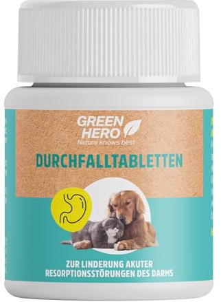 Green Hero Durchfall-Tabletten für Hunde & Katzen, 60 Kautabletten - Mittel gegen Durchfall mit Präbiotika - Unterstützung von Magen & Darmflora - Ergänzungsfuttermittel bei Magenproblemen