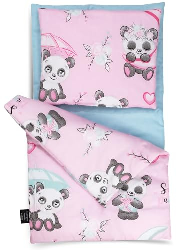 PinkZebra 3-teilig Puppenbettwäsche für Puppenbett, Decke + Kissen + Matratze, Puppenbettzeug mit Matratze, Bettwäsche aus Baumwolle für Puppen bis 48 cm, Pandabär Rosa