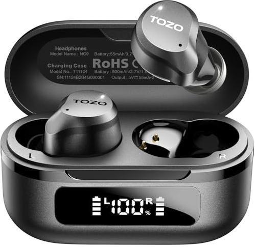 TOZO NC9 Bluetooth Kopfhörer In Ear mit Hybrid ANC (45dB), 6 Mikrofone ENC für Homeoffice & Pendeln, 60 Std. Akku mit LED-Anzeige, IPX8 wasserdicht, ORIGX 2.0 Sound, tiefer Bass,Schwarz