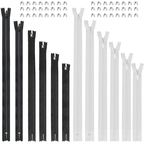 24 STK Reißverschlüsse unsichtbar Reißverschluss Zipper, Nylon reißverschluß weiß & Schwarz zum Nähen und Basteln für Jeans Hosen Kleid Lederwaren + 48 Reißverschlussstopper, 20/30/40/60/80/100 cm