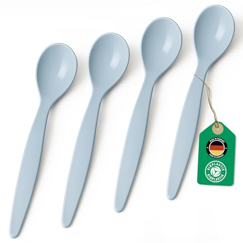 Bio Löffel 4er Set – 14 cm Mehrweglöffel Eierlöffel BPA-frei, spülmaschinengeeignet & recycelbar – aus Zuckerrohr, leicht & schadstofffrei – ideal für Kinder, Picknick & Alltag – Made in DE - Hellblau