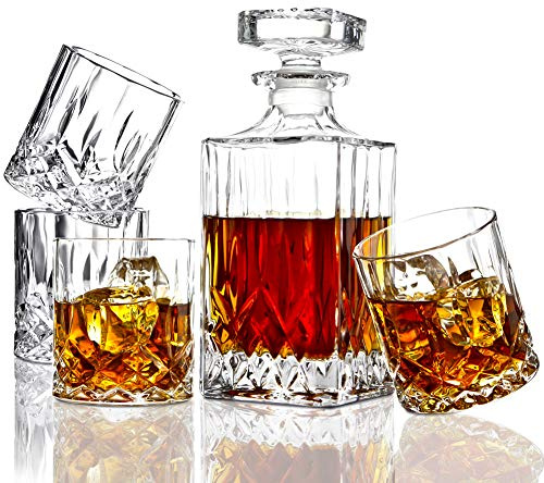 Elidomc Whisky-Karaffe und Whiskygläser aus Kristallglas, italienische Handfertigung, 5 Stück, Set aus Kristallglas-Karaffe und 4 Whiskygläsern, für Herren
