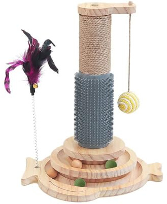 Marchul 5 in 1 Katzenspielzeug, Katze Sisal Seil Massierender Kratzbaum mit hängenden Ball, Interaktives Fährtenspielzeug für Katzen mit federnden Federn, zum Spielen im Haus