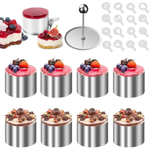 ZYNERY 8 Stück Dessertringe und Speiseringe, Ø 8cm Runde Speiseringe Kuchenring Tortenring Set mit Heber, Lebensmittel Ringe, Edelstahl Backring für DIY Kuchen, Mousse, Gebäck