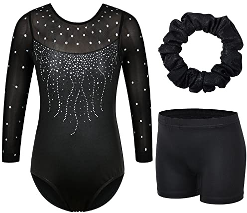 ZNYUNE Mädchen Gymnastikanzug 3er Set Kinder Glänzende Turnanzug mit Strasssteine B272 Black 10A