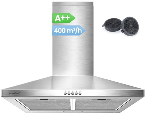 COMFEE' Dunstabzugshaube 60cm Umluft & Abluft A++ 400m³/h CH60A17EM400SS | Drucktaste, Höhenverstellbar, 5 Schichten Waschbarer Fettfilter, LED-Beleuchtung, Wandhaube mit Aktivkohlefilter, Silber