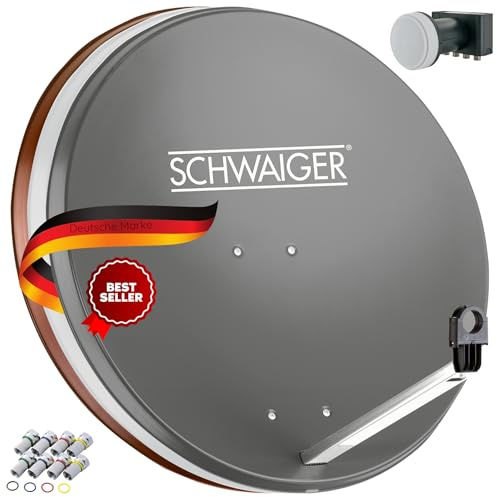 SCHWAIGER Satellitenschüssel Komplettset - Ø 80 cm Stahl Offset Antenne in Anthrazit - Inkl. sonnengeschütztes Quad LNB 4-Fach - Digital HD & 4K Empfang - Integrierte Kabelführung & wetterfest