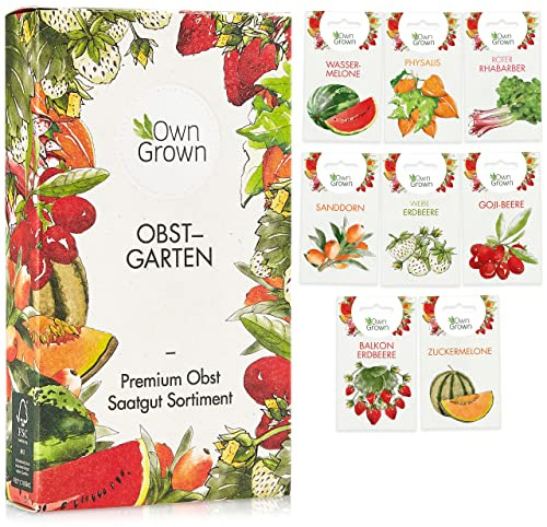 Obst Samen Set: Premium Garten Obst Saatgut mit 8 Sorten Obst Pflanzen für Garten und Balkon – Wassermelone Samen, Erdbeeren Samen, Andenbeere, Rhabarber uvm. – Obstsamen Geschenk Set von OwnGrown