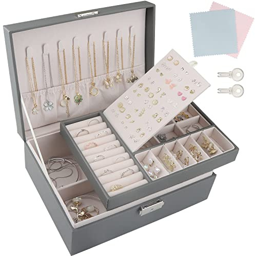 TEIVUL Schmuckkästchen,Damen 2-schichtige Schmuckaufbewahrung,PU-Leder Schmuckkasten mit Schloss,geeignet für Halsketten,Ringe,Ohrringe,Armbänder,Jewelry Organizer für Frauen und Mädchen (grau)