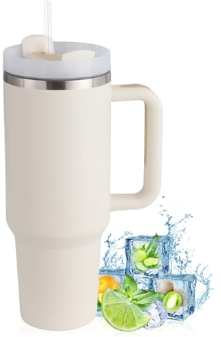 PRAOAHEI 40oz Thermobecher mit Strohhalm und Henkel,1180 ML Doppelwandiger Edelstahl Heiße Kalte Getränke Vakuum Trinkbecher, Kaffeebecher für Zuhause Reisen Weiß Beige