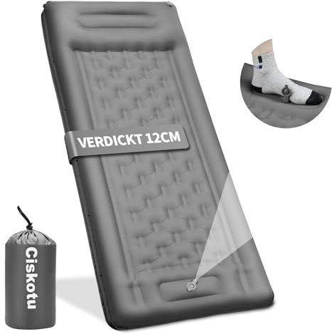 Ciskotu Aufblasbare Isomatte, 12CM Verdicktes Luftmatratze Camping mit Fußpumpe, Outdoor Isomatte Camping Ultraleicht Kleines Packmaß Campinng Schlafmatte Matratze für Hikenture, Trekking(Grau)