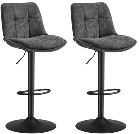 VASAGLE Barhocker 2er Set, Barstühle höhenverstellbar, drehbare Küchenhocker, Flanell, mit Rückenlehne und Fußstütze, Esszimmer, Theke, Stahl, höhenverstellbar 65-85,5 cm, schiefergrau LJB195GN01